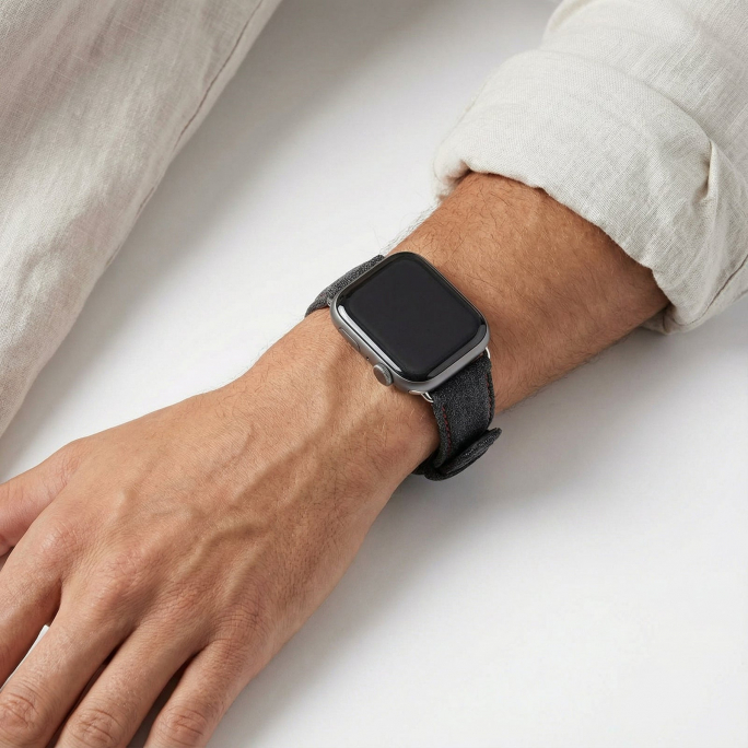 Alcantara Apple Watch Band With Buckle - Space Grey With Red Stitching - 42/44/45/46mm & Ultra (49mm), Afbeelding 3