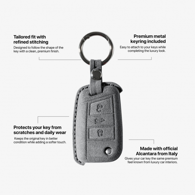 Alcantara Car Key Fob Cover for Volkswagen | Model A with Buckle - Space Grey, 59€, Image 6 Alcantara Car Key Fob Cover for Volkswagen | Model A with Buckle - Space Grey, Image 6