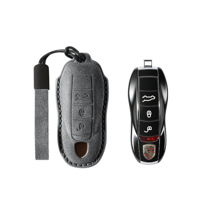 Alcantara Car Key Fob Cover for Porsche | Model A with Buckle - Space Grey, Afbeelding 1