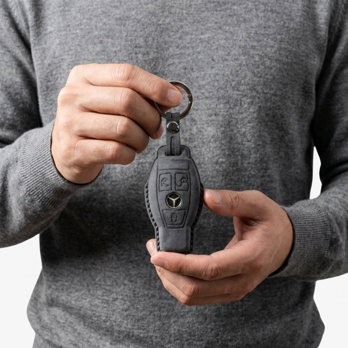 Alcantara Car Key Fob Cover for Mercedes -Benz Model B with Buckle - Space Grey, Image 3
