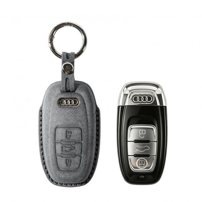 Alcantara Car Key Fob Cover for Audi Model C with Buckle - Space Grey, Image 1