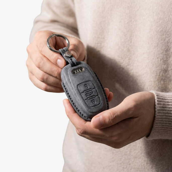Alcantara Car Key Fob Cover for Audi Model C with Buckle - Space Grey, Image 3