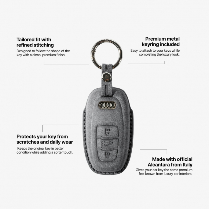 Alcantara Car Key Fob Cover for Audi Model C with Buckle - Space Grey, Image 6