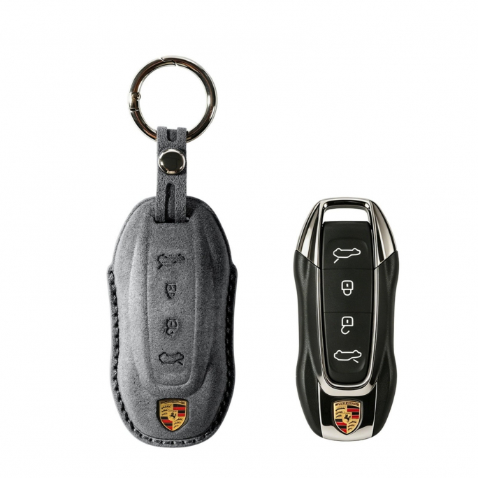 Alcantara Car Key Fob Cover for Porsche Model C with Buckle - Space Grey, Image 1