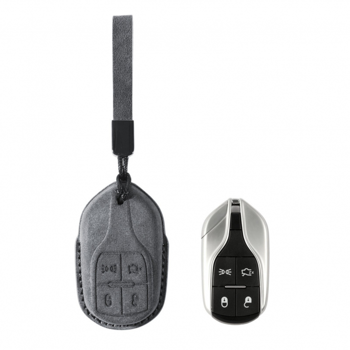 Alcantara Car Key Fob Cover for Maserati Model A with Buckle - Space Grey, Image 1