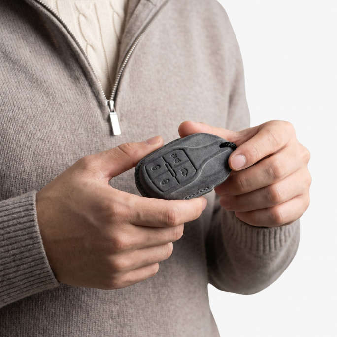Alcantara Car Key Fob Cover for Maserati Model A with Buckle - Space Grey, Image 3