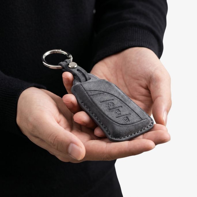 Alcantara Car Key Fob Cover for Lexus Model A with Buckle - Space Grey, Image 3