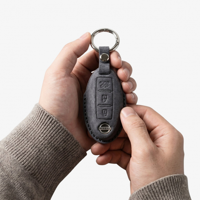 Alcantara Car Key Fob Cover for Nissan Model B with Buckle - Space Grey, Image 3