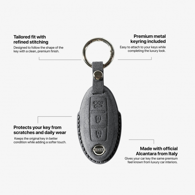 Alcantara Car Key Fob Cover for Nissan Model B with Buckle - Space Grey, Image 6