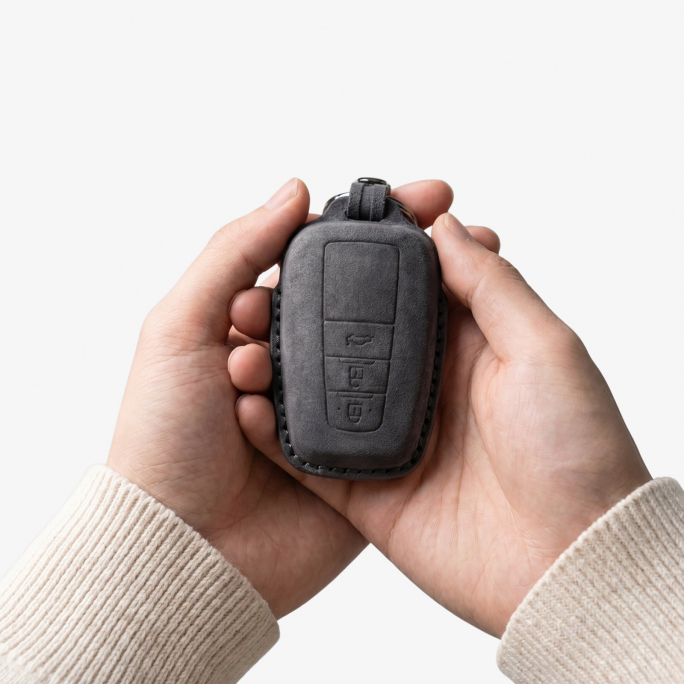Alcantara Car Key Fob Cover for Toyota Model A with Buckle - Space Grey, Image 3