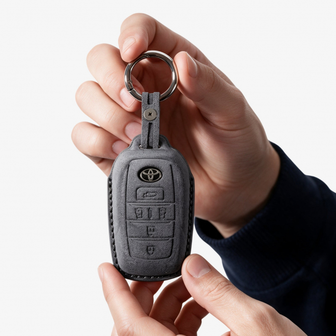 Alcantara Car Key Fob Cover for Toyota Model E with Buckle - Space Grey, Image 3