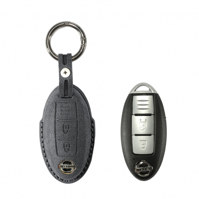 Alcantara Car Key Fob Cover for Nissan Model A with Buckle - Space Grey, Image 1