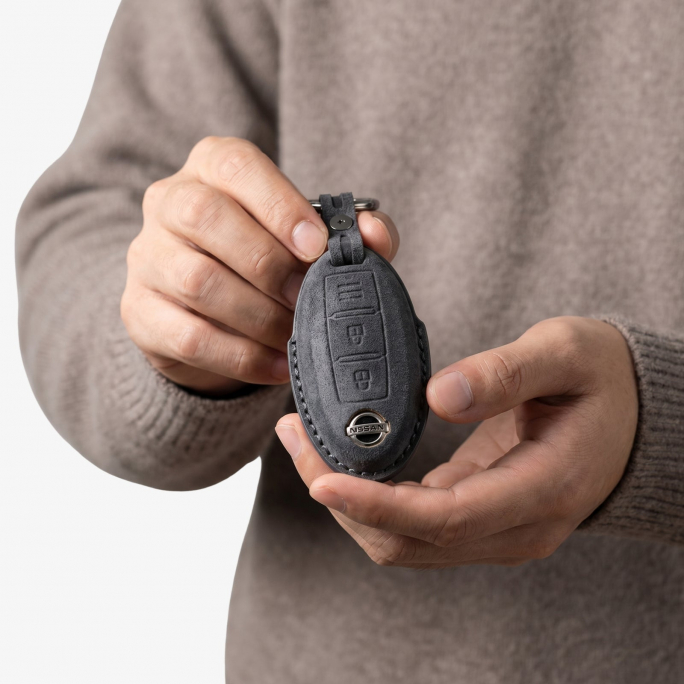 Alcantara Car Key Fob Cover for Nissan Model A with Buckle - Space Grey, Image 3