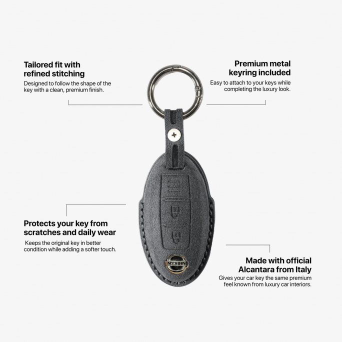 Alcantara Car Key Fob Cover for Nissan Model A with Buckle - Space Grey, Image 6