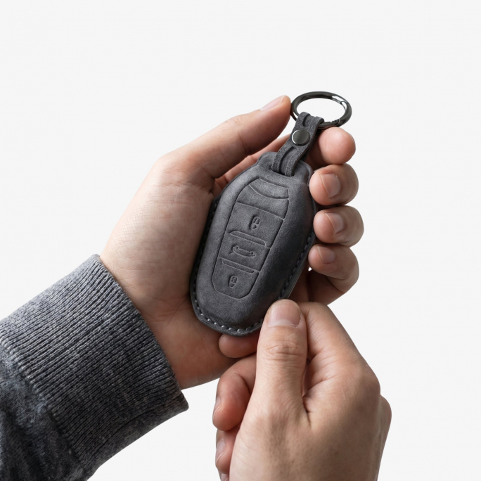 Alcantara Car Key Fob Cover for Peugeot Model A - Space Grey, Image 3