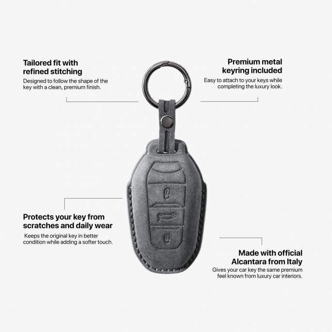 Alcantara Car Key Fob Cover for Peugeot Model A - Space Grey, Image 6