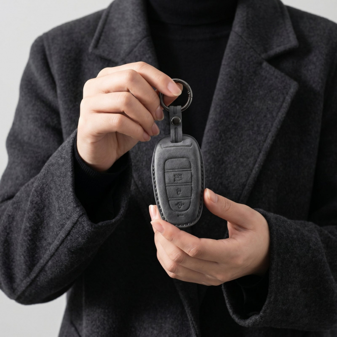 Alcantara Car Key Fob Cover for Hyundai Model D - Space Grey, Image 3