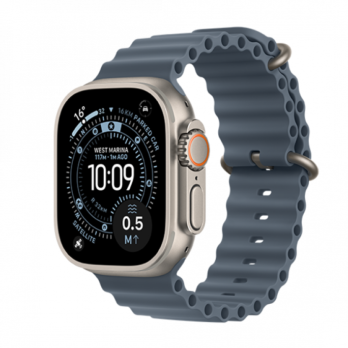 Watch Apple Watch Ultra 3 (2025) 5G 49mm Natural Titanium Case with Ocean Band - Anchor Blue, Afbeelding 1